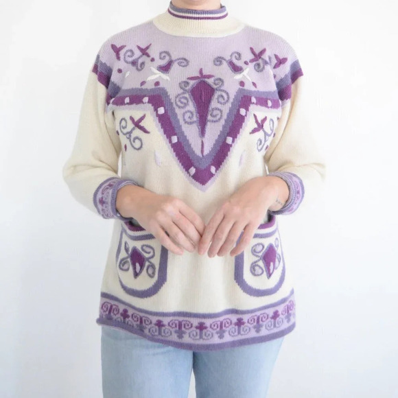 Vintage Cheung Shing Cream & Lavender  Mockneck Knit Sweater M - Picture 2 of 4